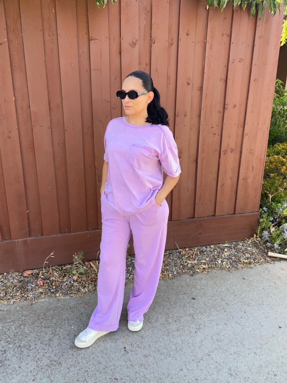 Lavender Mineral Wash Short Sleeve Pocket Top and Bottoms - Picture 2 of 4